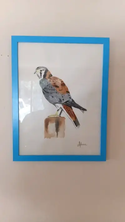Cuadro con marco azul de ave pintada - miniatura 1