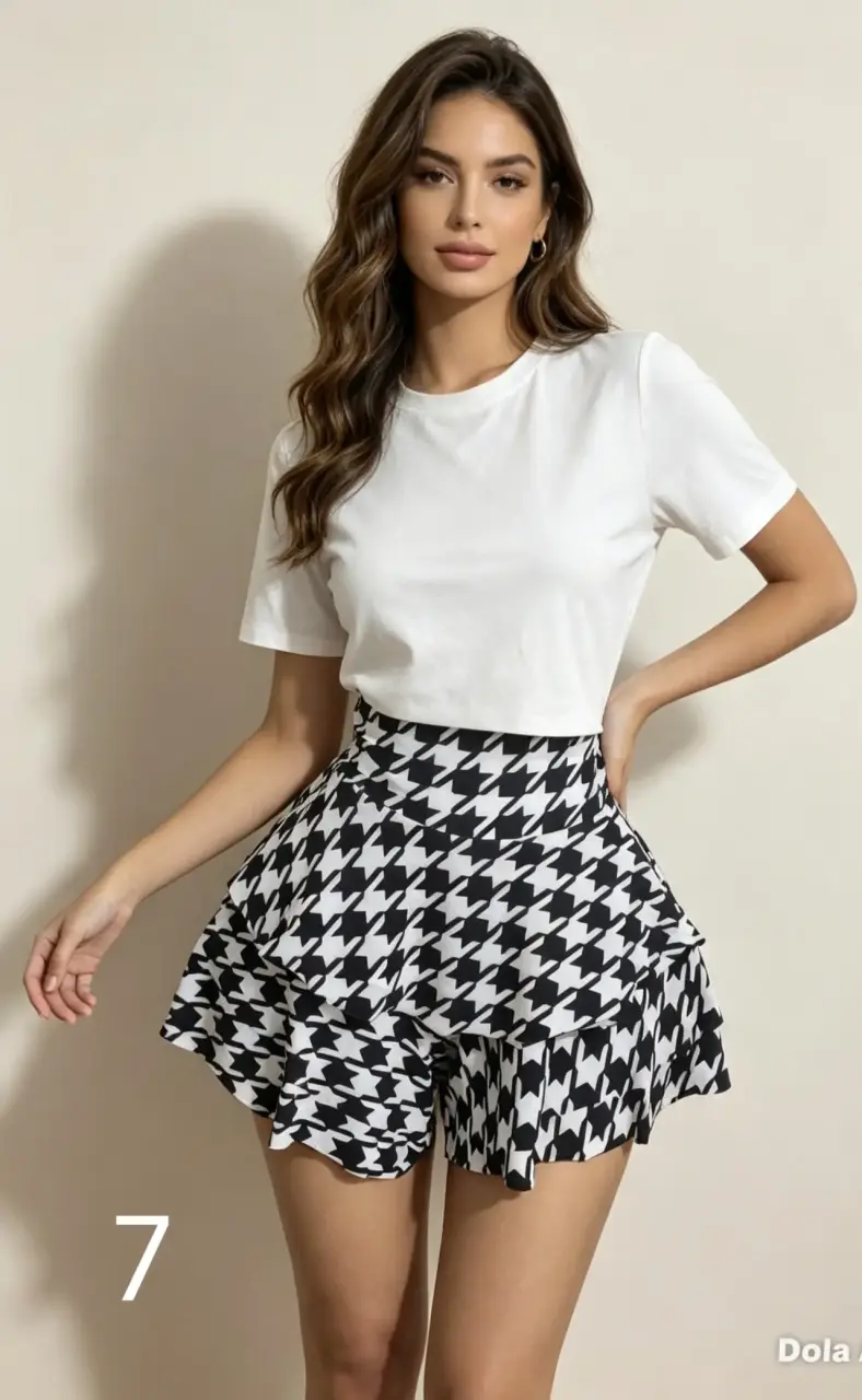 Falda corta con estampado a cuadros y volantes - 1