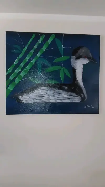 Cuadro Pintado a Mano de Ave con Bambú - miniatura 1