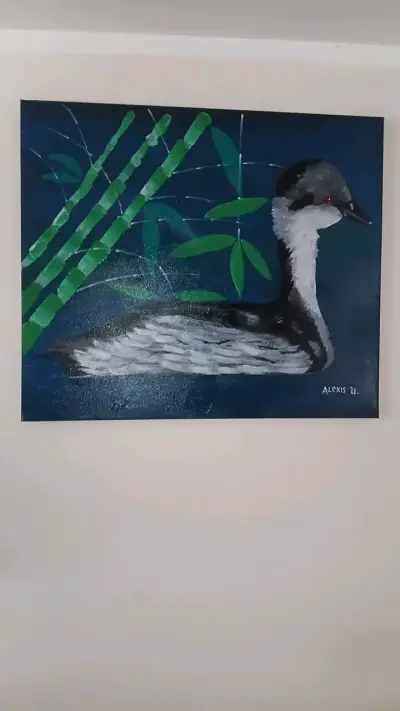 Cuadro Pintado a Mano de Ave con Bambú - miniatura 2