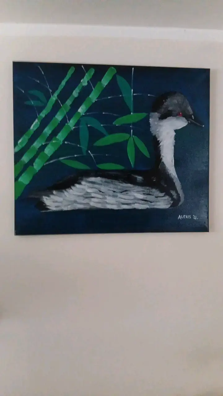 Cuadro Pintado a Mano de Ave con Bambú - 3