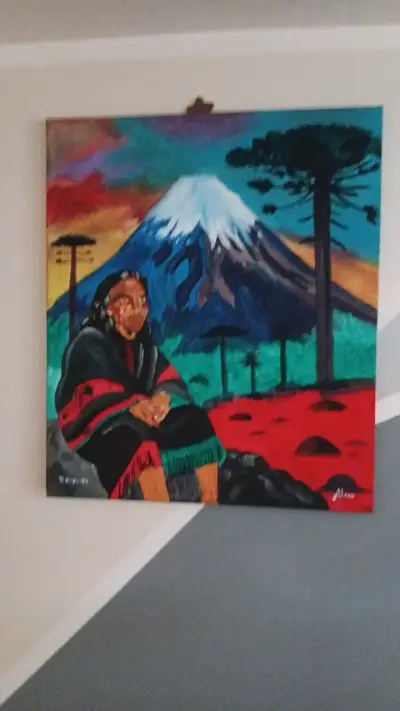 Cuadro Pintura Mapuche con Volcán - miniatura 1