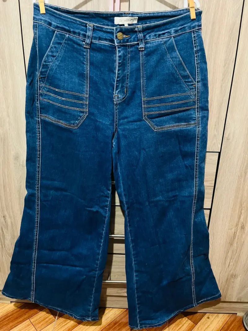 Jeans anchos de mezclilla azul para mujer - 1