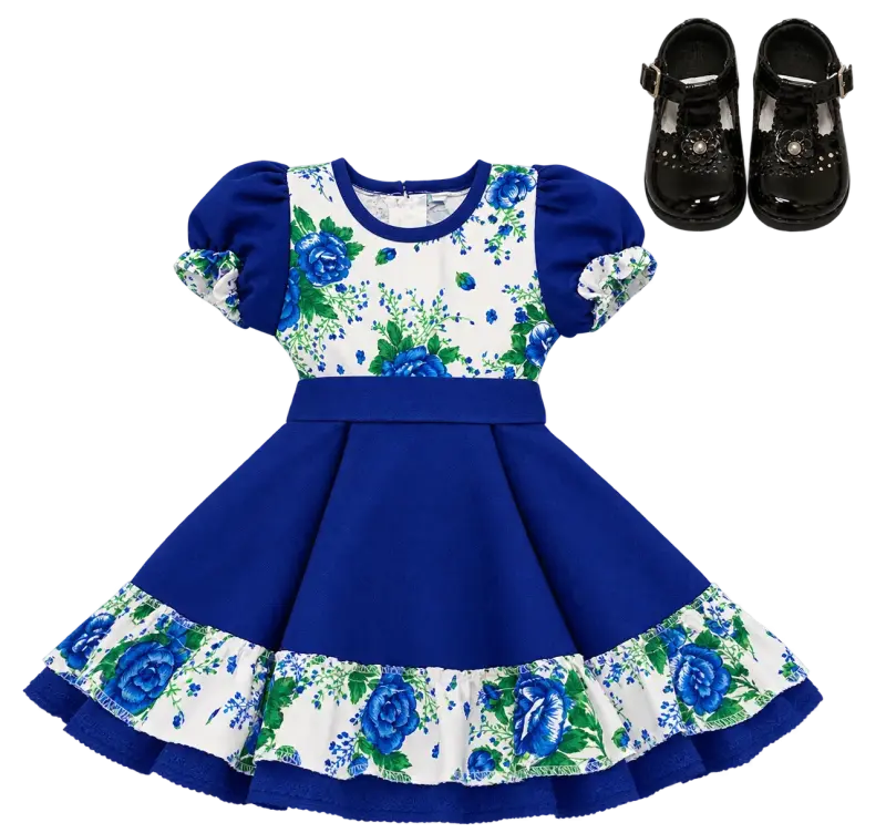Vestido infantil azul con flores y zapatos