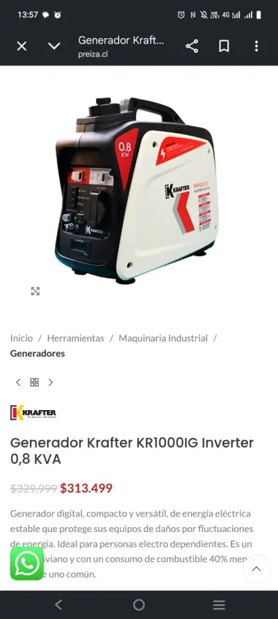 Generador Inverter Krafter KR1000IG 0,8 KVA - miniatura 1