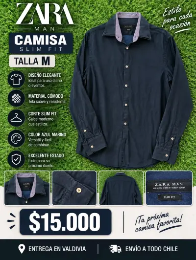 Camisa Zara Man Slim Fit Azul Marino Talla M - miniatura 1