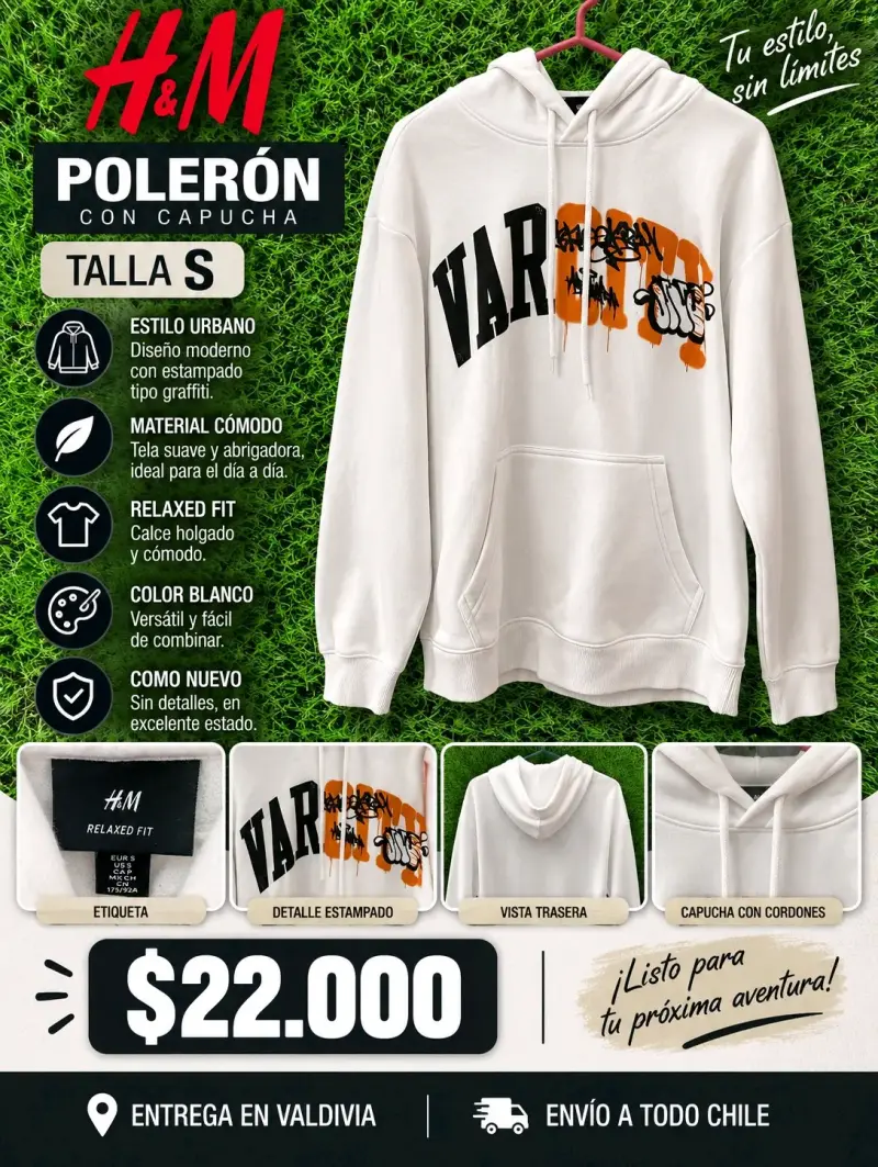 Polerón H&M con Capucha Blanco Talla S - 1