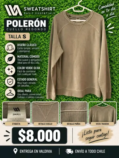 Polerón cuello redondo verde oliva talla S - miniatura 1