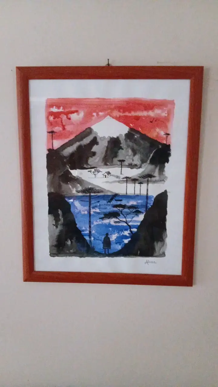 Cuadro de paisaje en tinta con marco de madera - 1