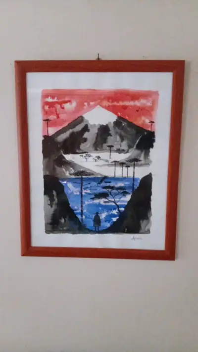 Cuadro de paisaje en tinta  con marco de madera - miniatura 1