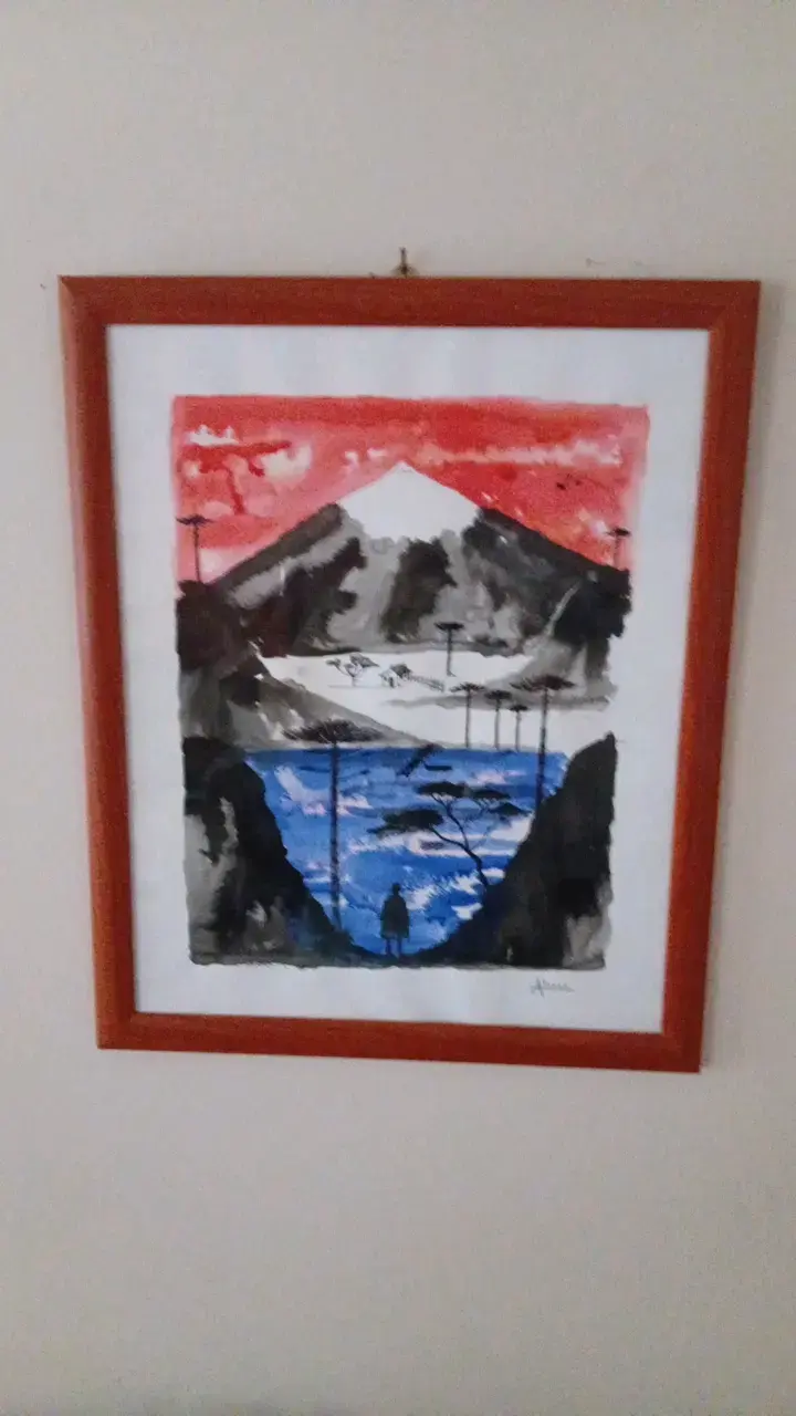 Cuadro de paisaje en tinta con marco de madera - 2