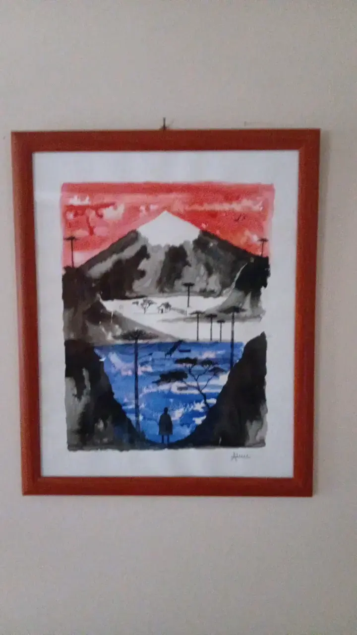 Cuadro de paisaje en tinta con marco de madera - 3