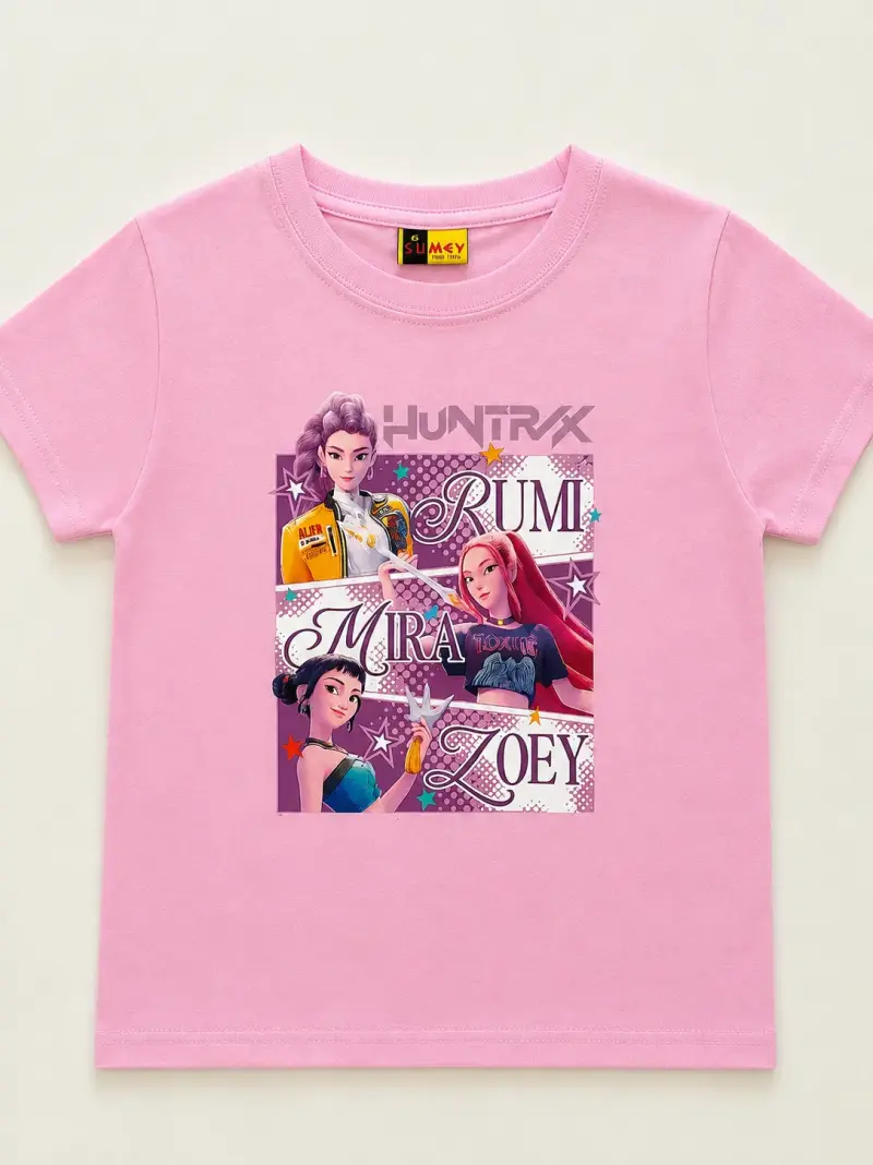 Polera rosa infantil con diseño de personajes
