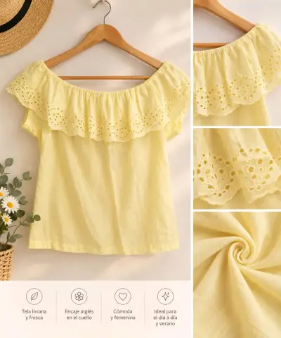 Blusa Amarilla con Encaje Inglés para Mujer - miniatura 1