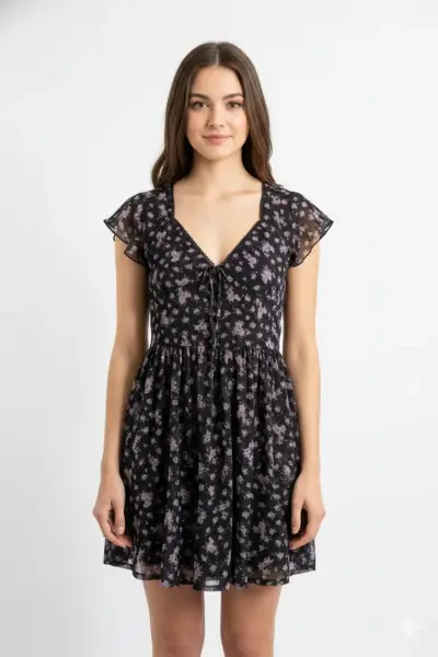 Vestido floral negro con encaje - miniatura 1