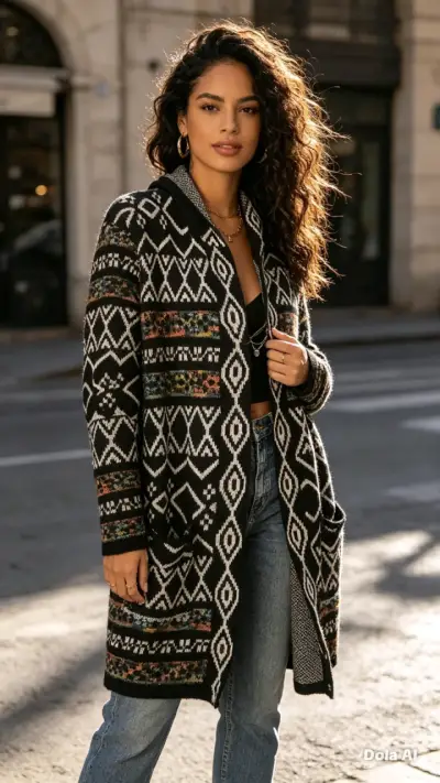 Cárdigan largo con diseño geométrico para mujer - miniatura 1