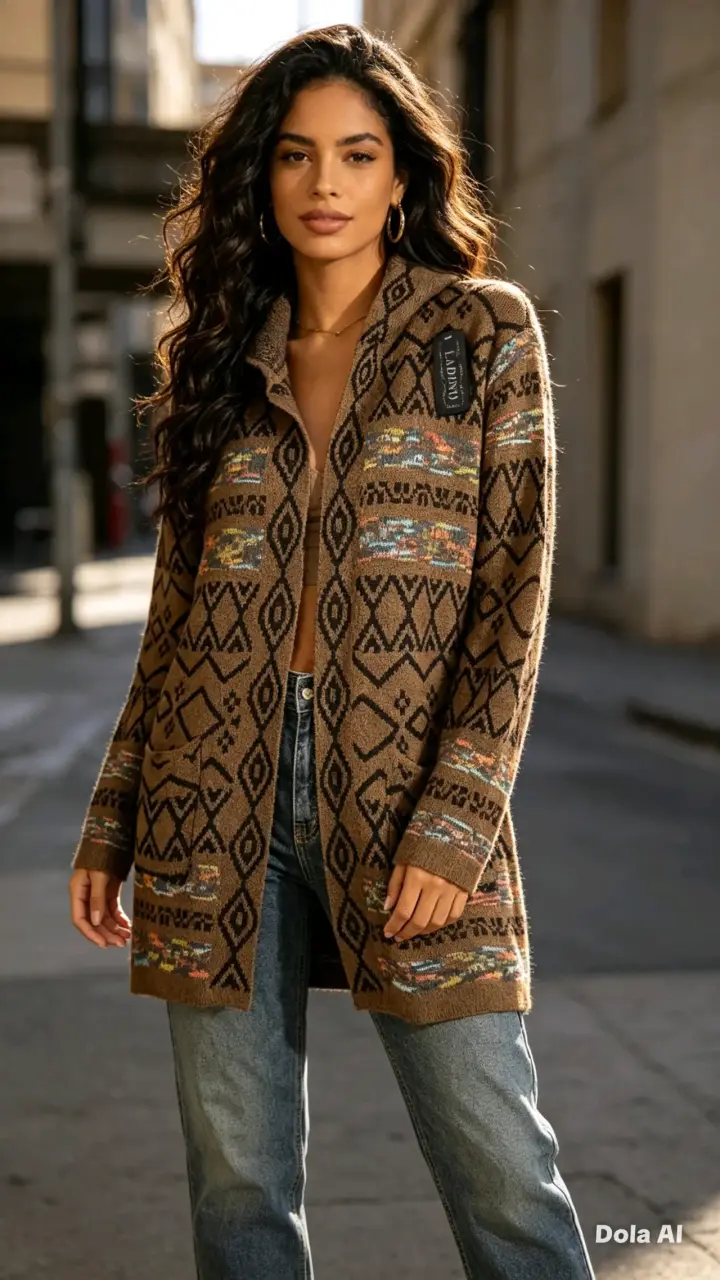 Cárdigan largo con diseño geométrico para mujer - 3
