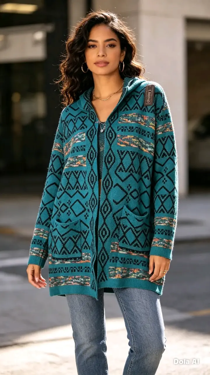 Cárdigan largo con diseño geométrico para mujer - 4