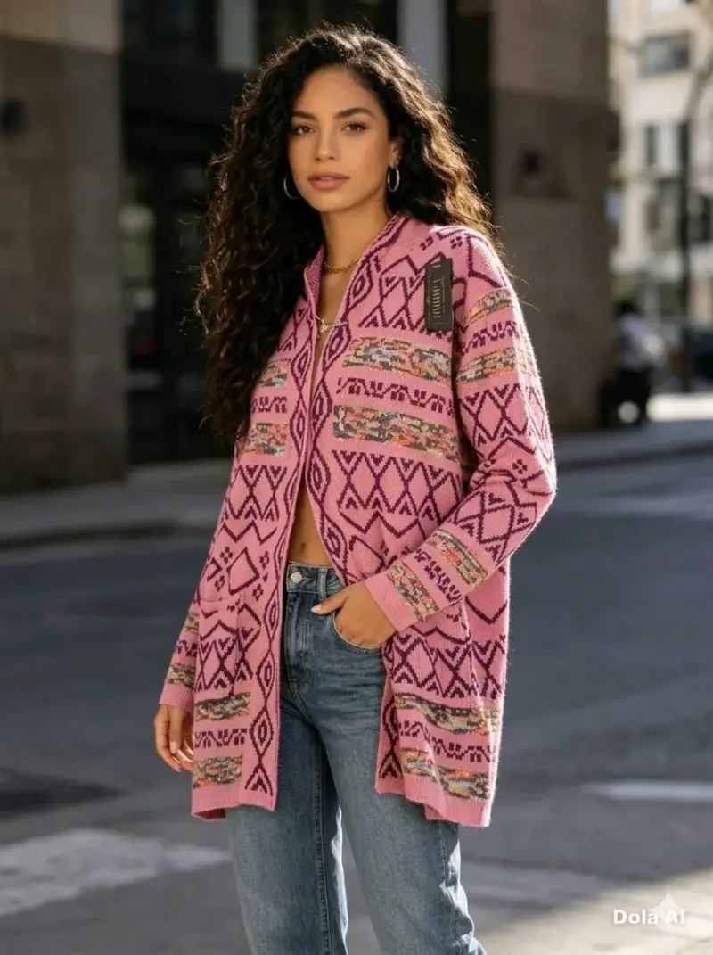 Cárdigan largo con diseño geométrico para mujer - 6
