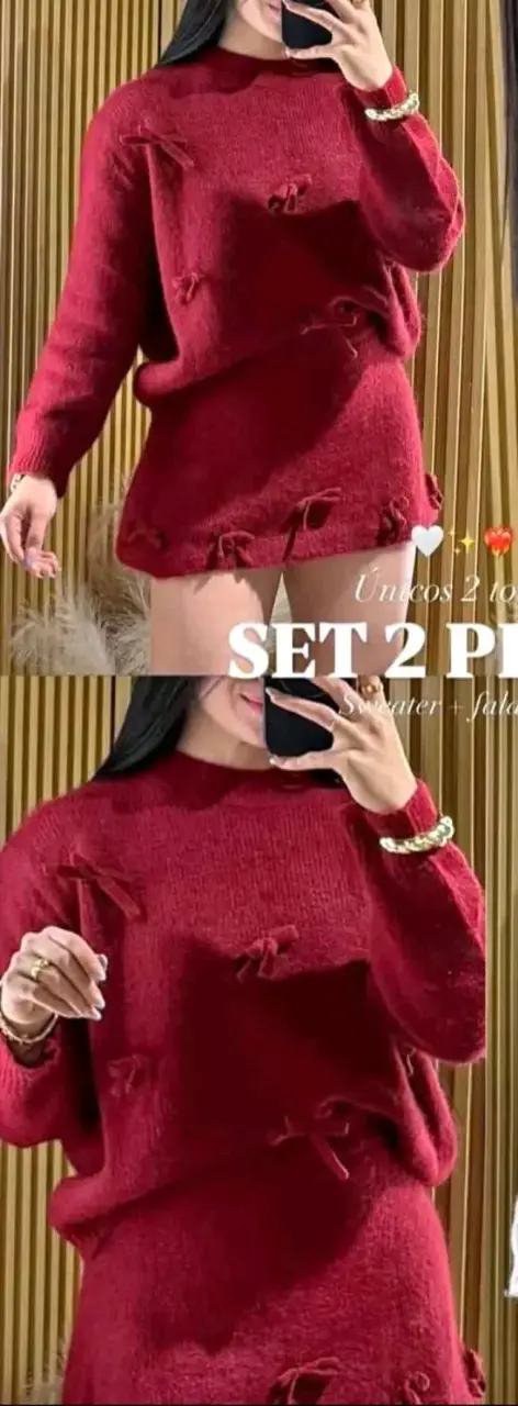 Conjunto de sweater y falda rojo con lazos