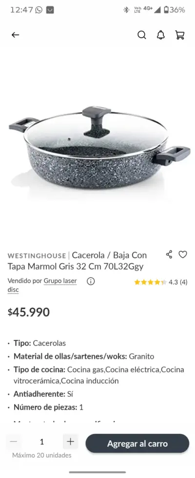 Cacerola baja 32 cm c/tapa de vidrio Westinghouse - miniatura 6