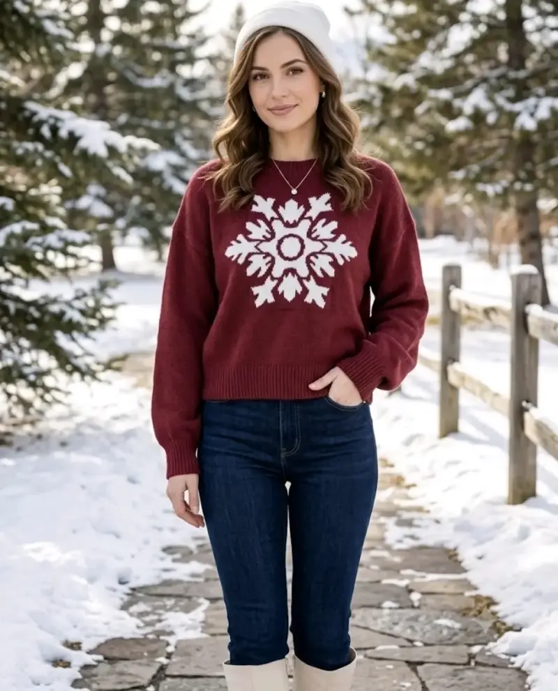 Suéter burdeo con diseño de copo de nieve