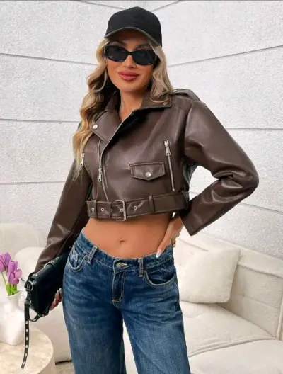 Chaqueta de cuero marrón para mujer - miniatura 2