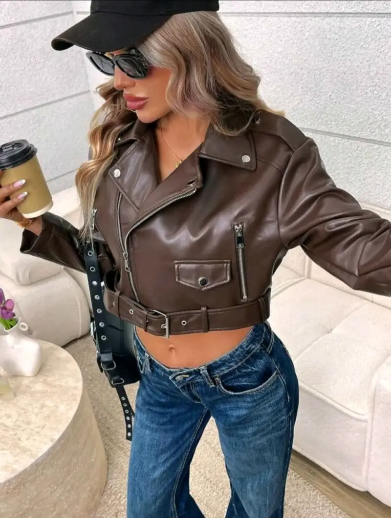 Chaqueta de cuero marrón para mujer - 3