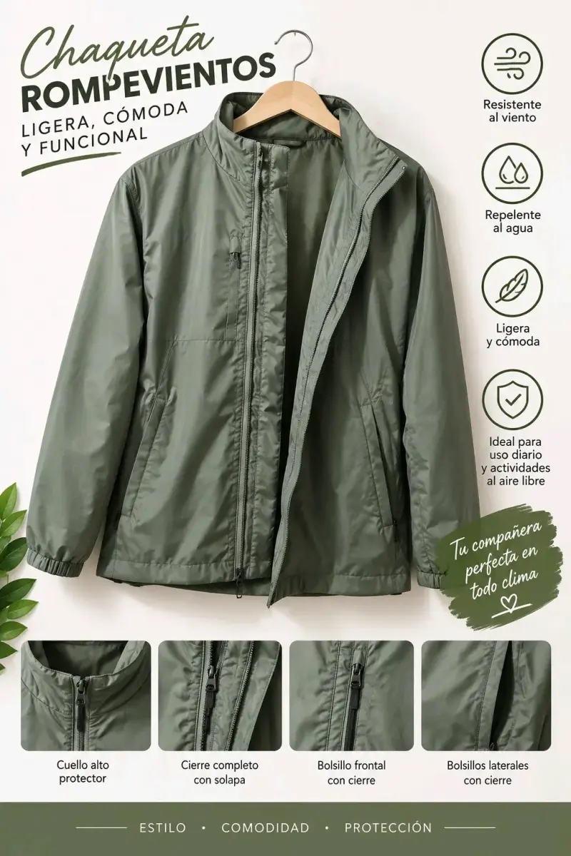 Chaqueta verde oliva con cierre para hombre