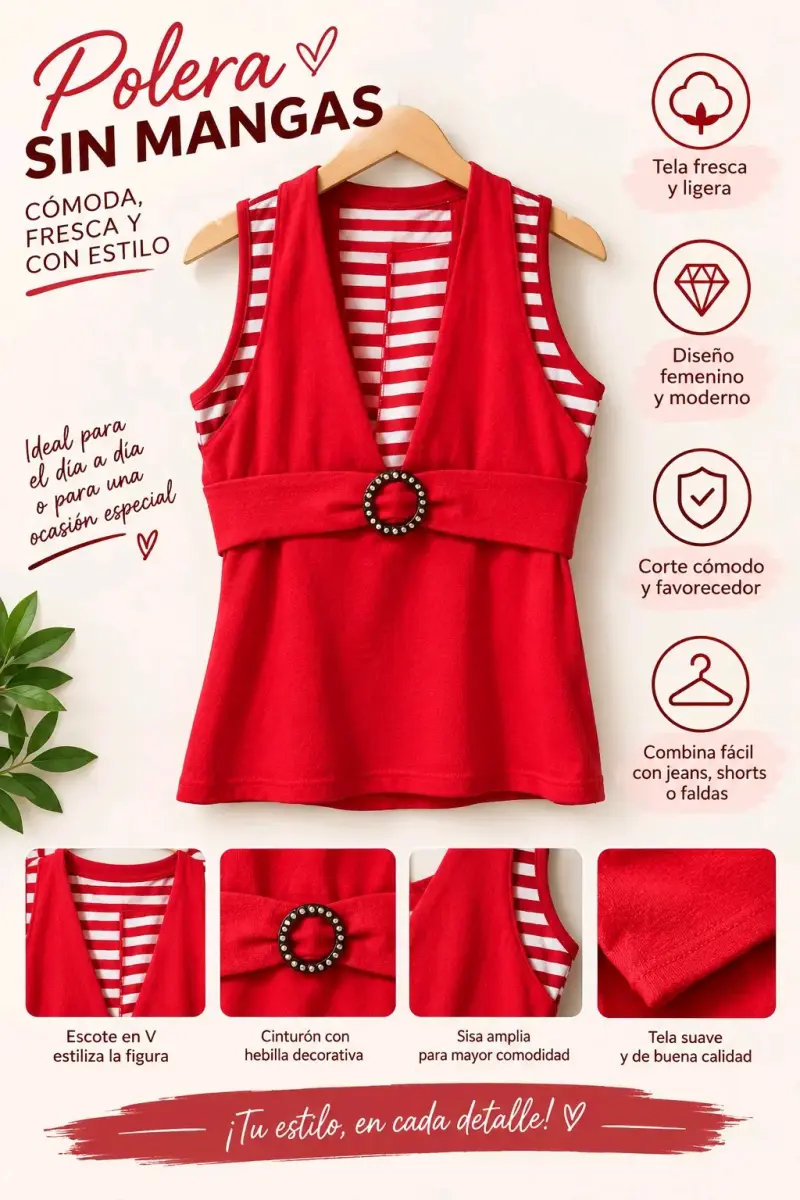 Blusa roja con rayas y cinturón decorativo