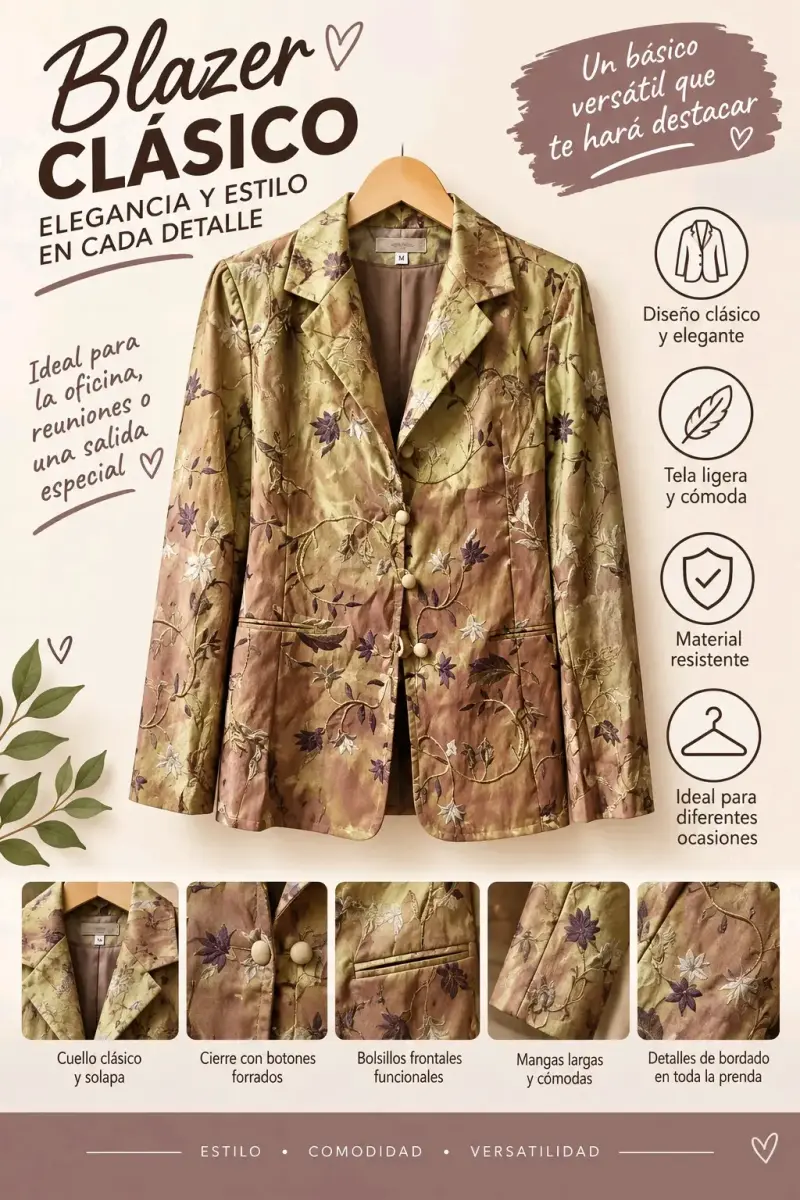 Chaqueta de mujer con bordado floral dorado