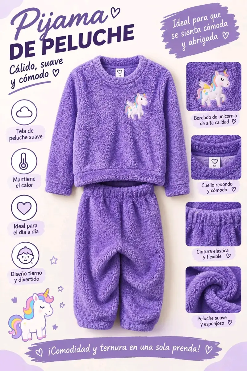 Pijama infantil de felpa morado con unicornio