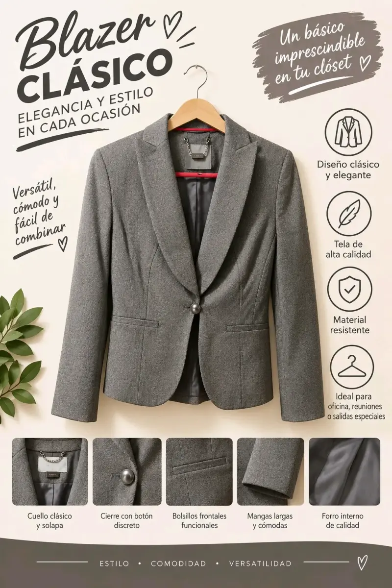 Blazer gris para mujer con botones decorativos