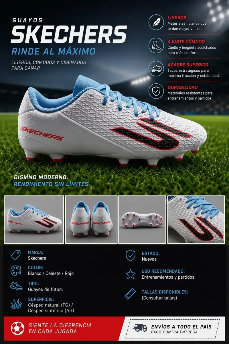 Guayos de fútbol Skechers blancos y celestes - 1