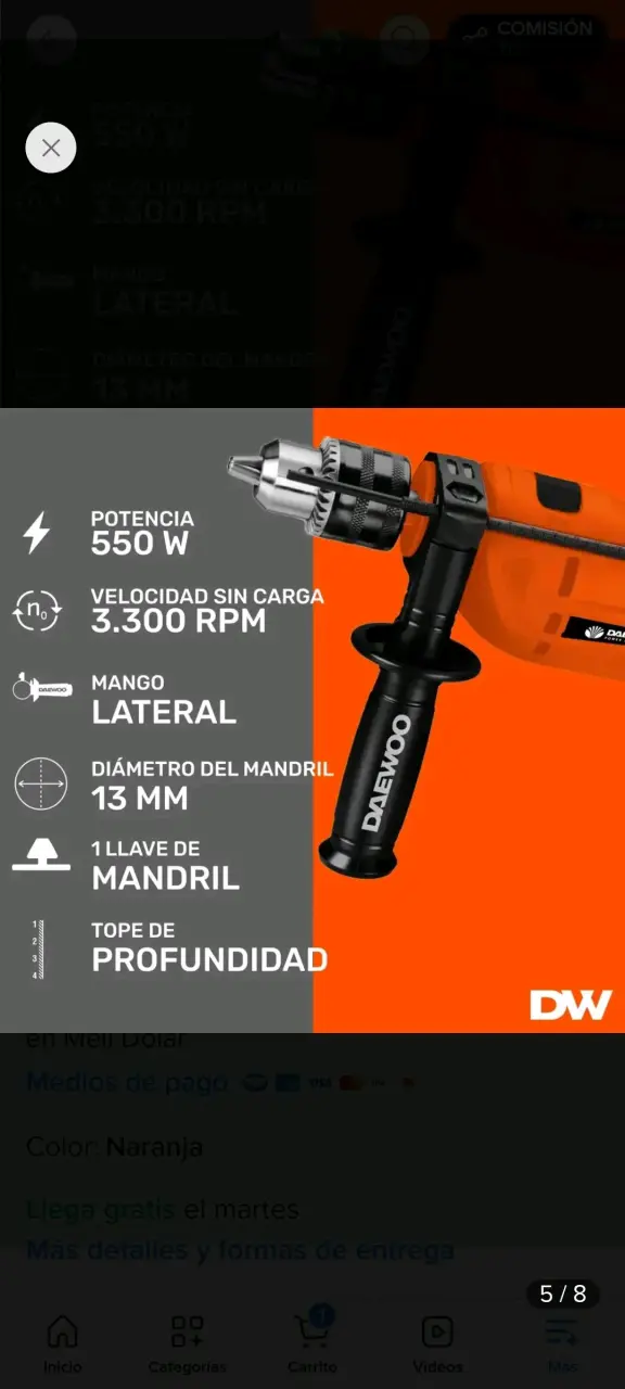 Taladro Daewoo 550W Naranja con Mango Lateral - 2