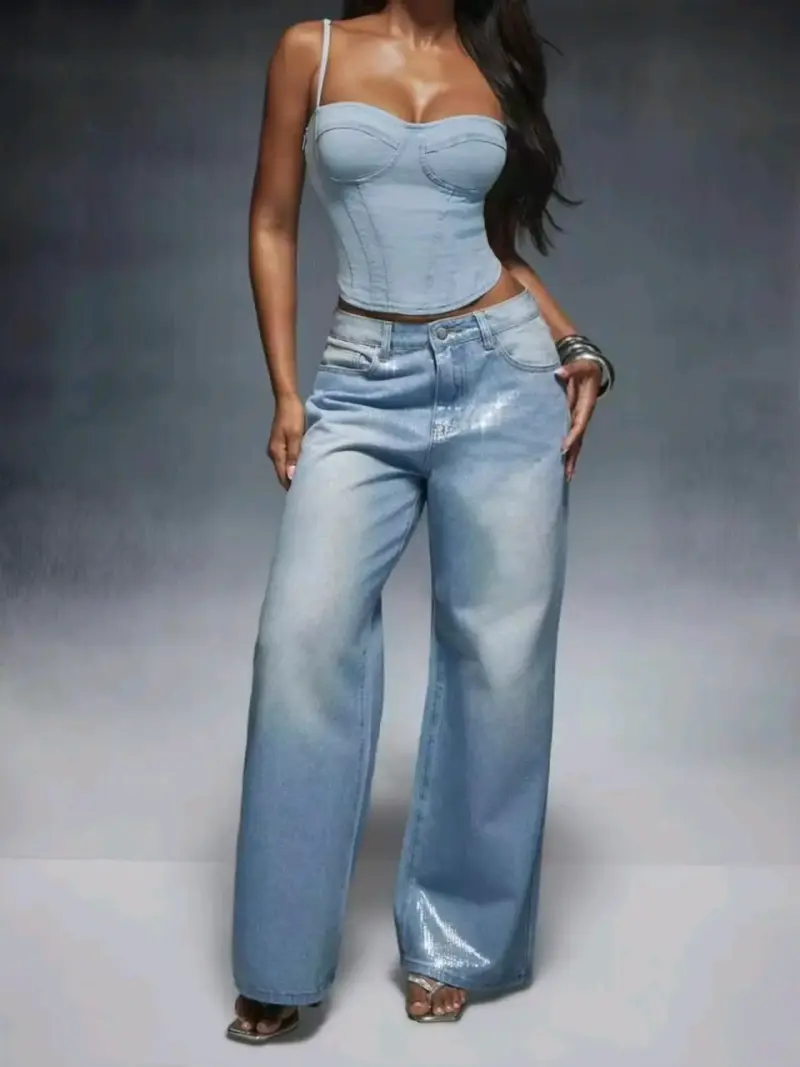 Jeans anchos de mezclilla azul claro para mujer - 1