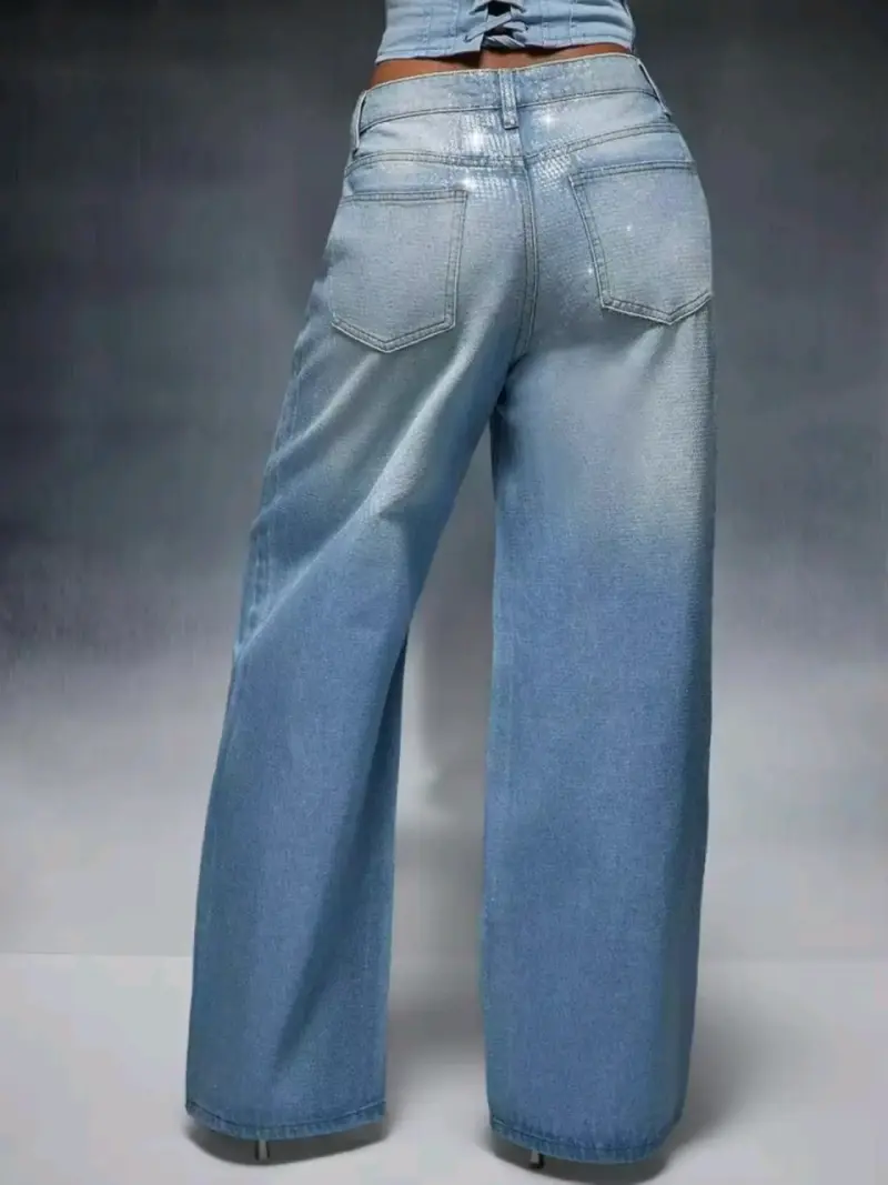 Jeans anchos de mezclilla azul claro para mujer - 2