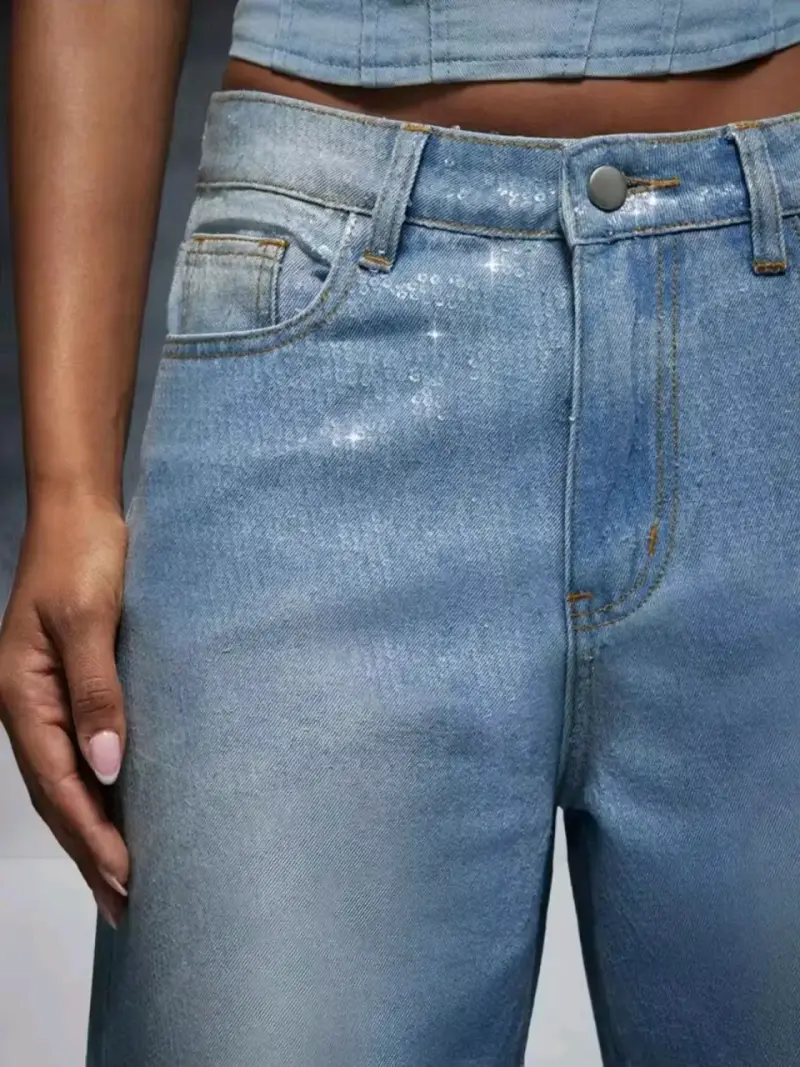Jeans anchos de mezclilla azul claro para mujer - 3