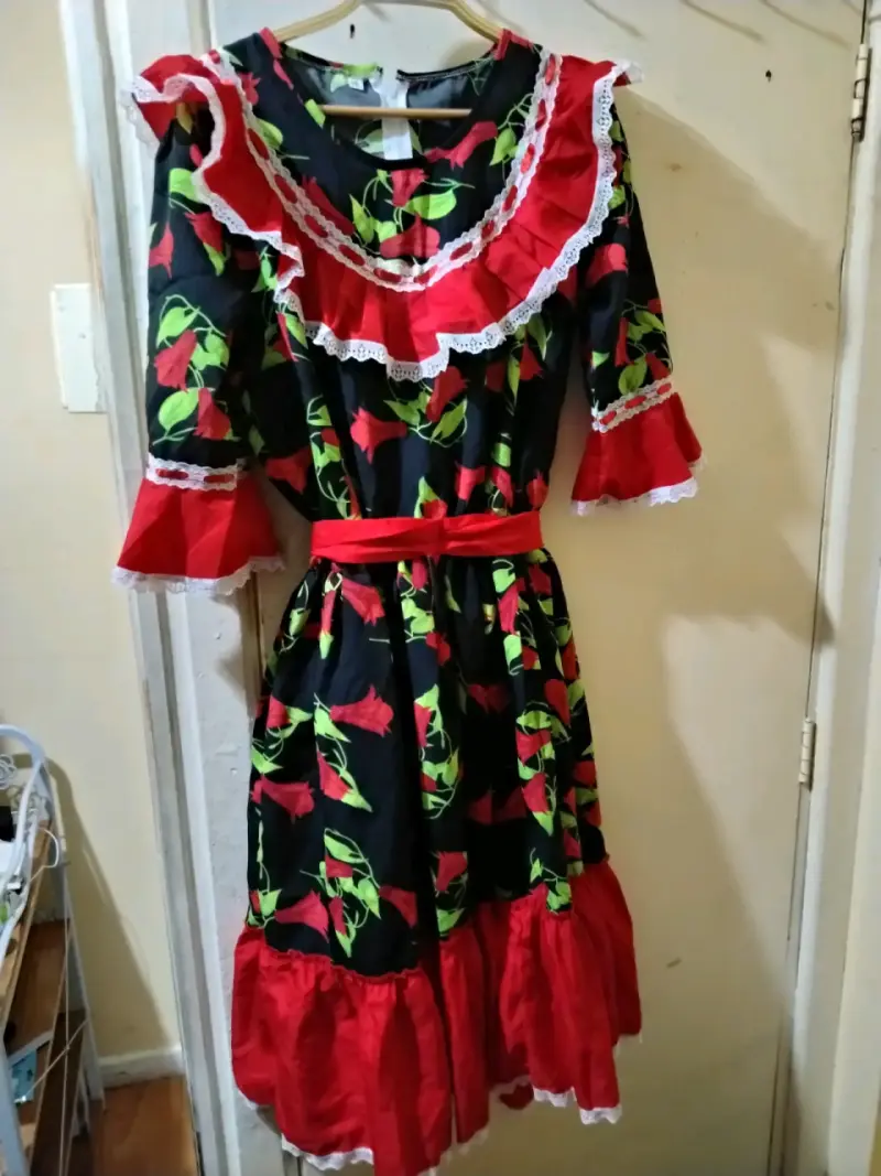 Vestido típico chileno con volantes y flores - 1