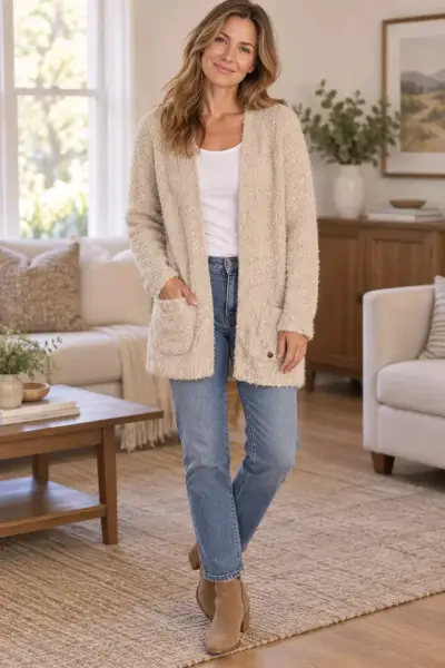 Cárdigan de lana blanco invierno con bolsillos - miniatura 1