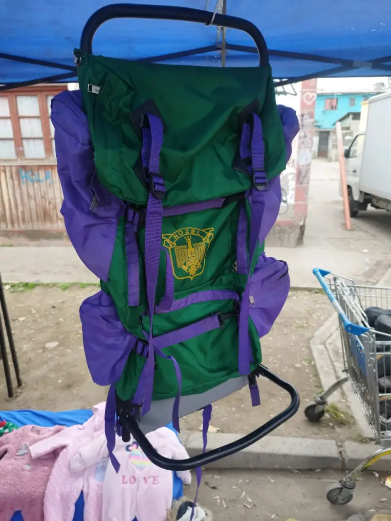 Mochila de senderismo verde y morada con estructura - 1