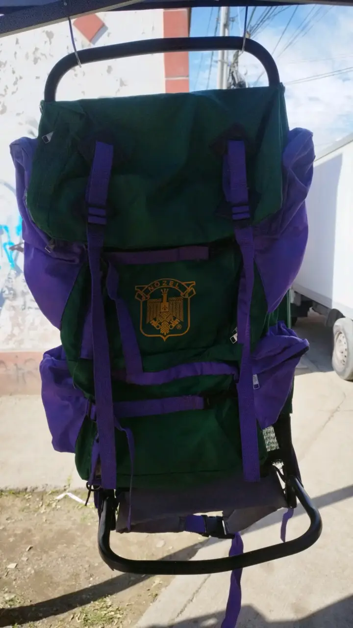 Mochila de senderismo verde y morada con estructura - 2