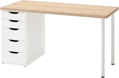 Escritorio blanco cubierta de madera IKEA - miniatura 1