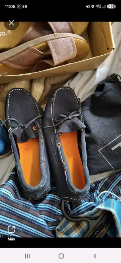 Mocasines de cuero azul marino con plantilla naranja - miniatura 1