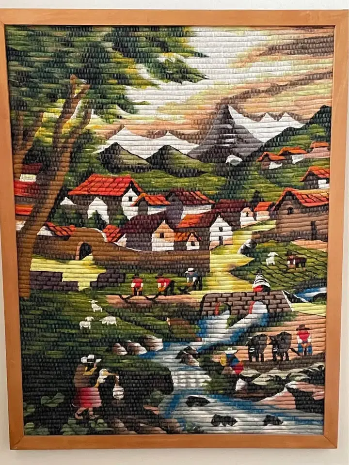Cuadro de tapiz artesanal paisaje andino