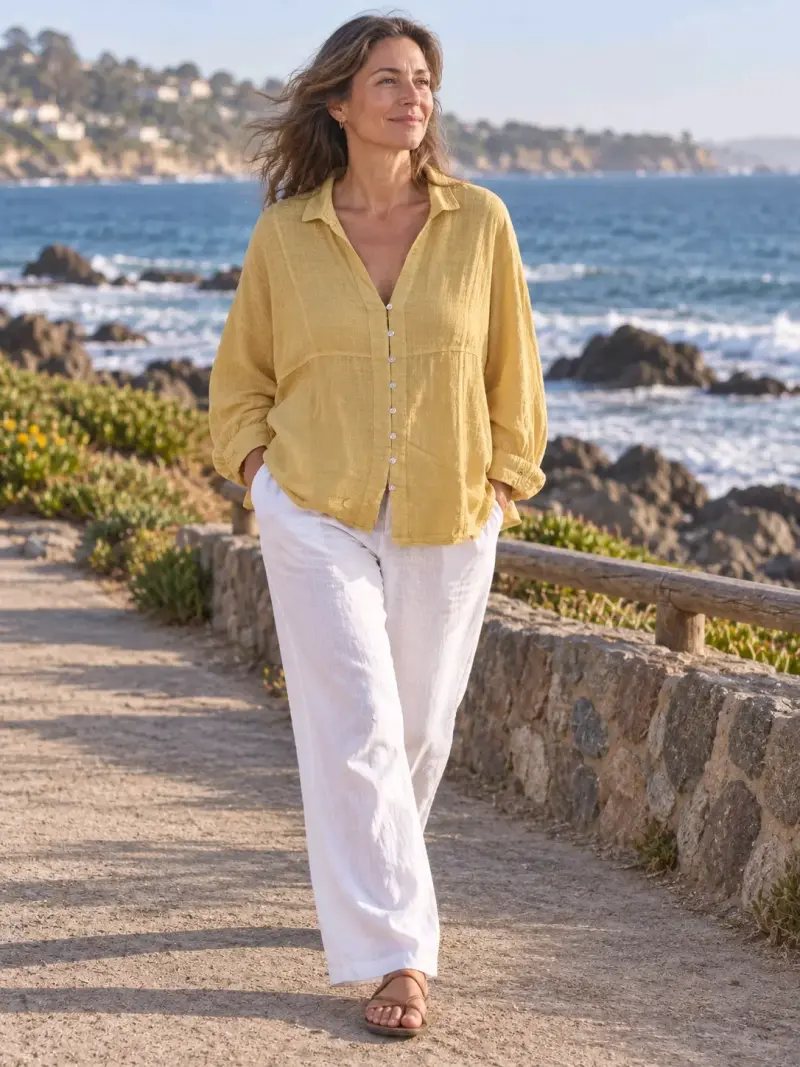 Blusa de lino amarilla para mujer - 1