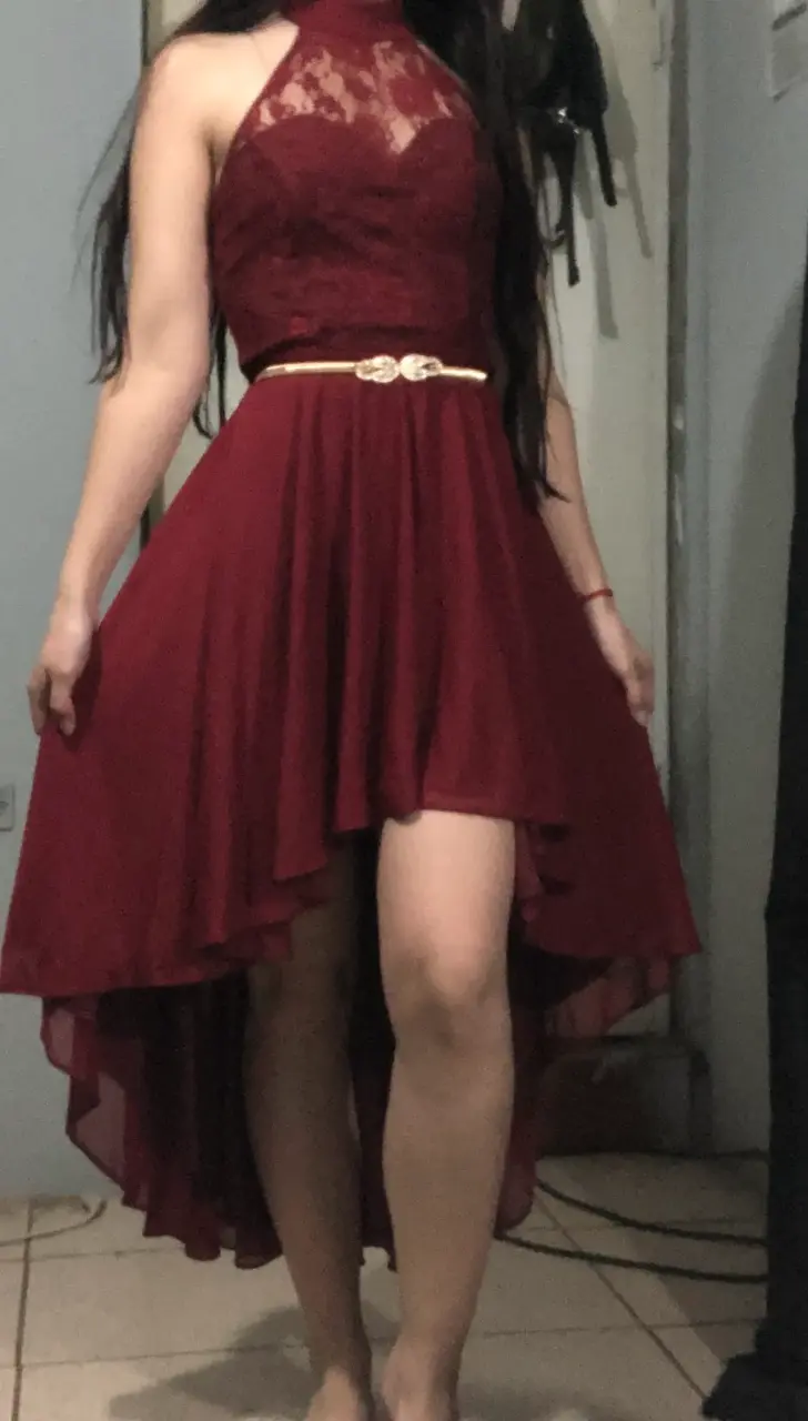 Vestido de gala burdeos con encaje - 1