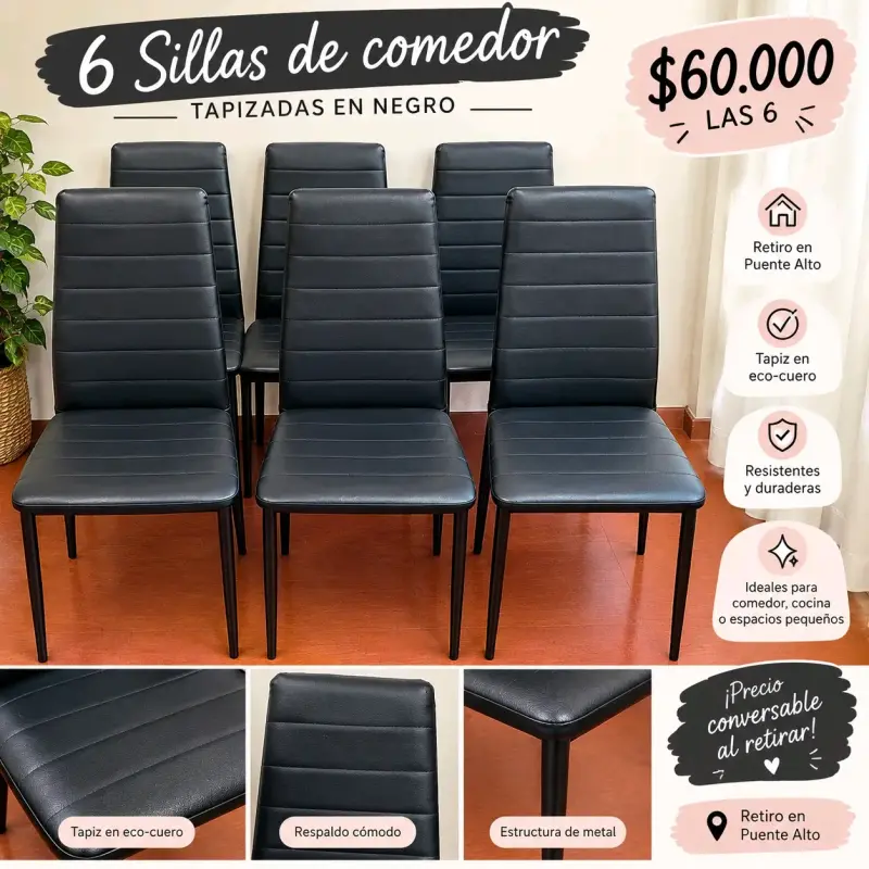 Juego de 6 sillas de comedor tapizadas en negro