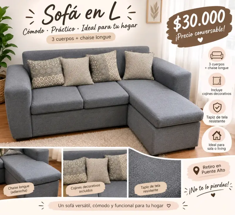 Sofá en L 3 cuerpos con chaise longue y cojines