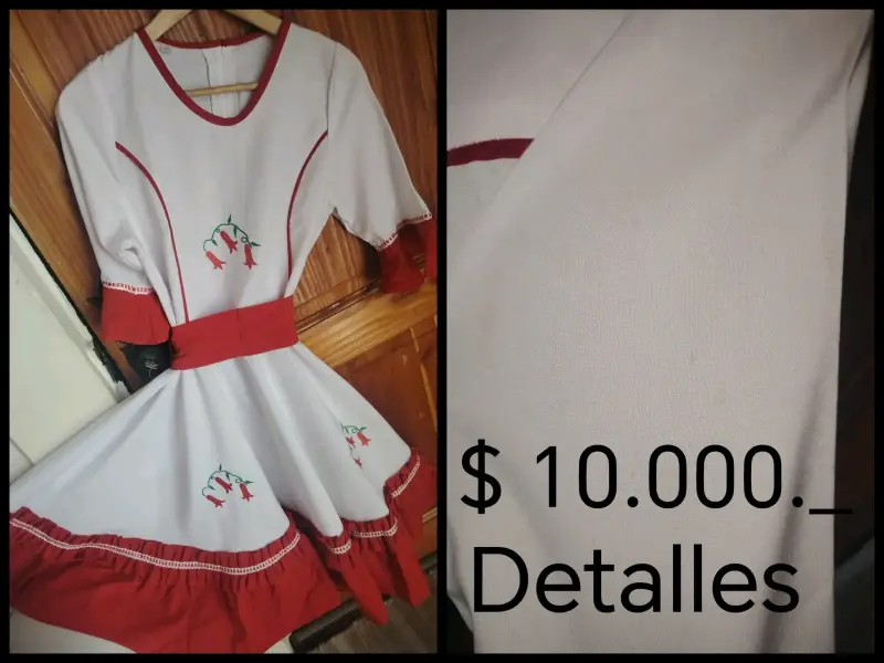 Vestido típico chileno blanco con detalles rojos